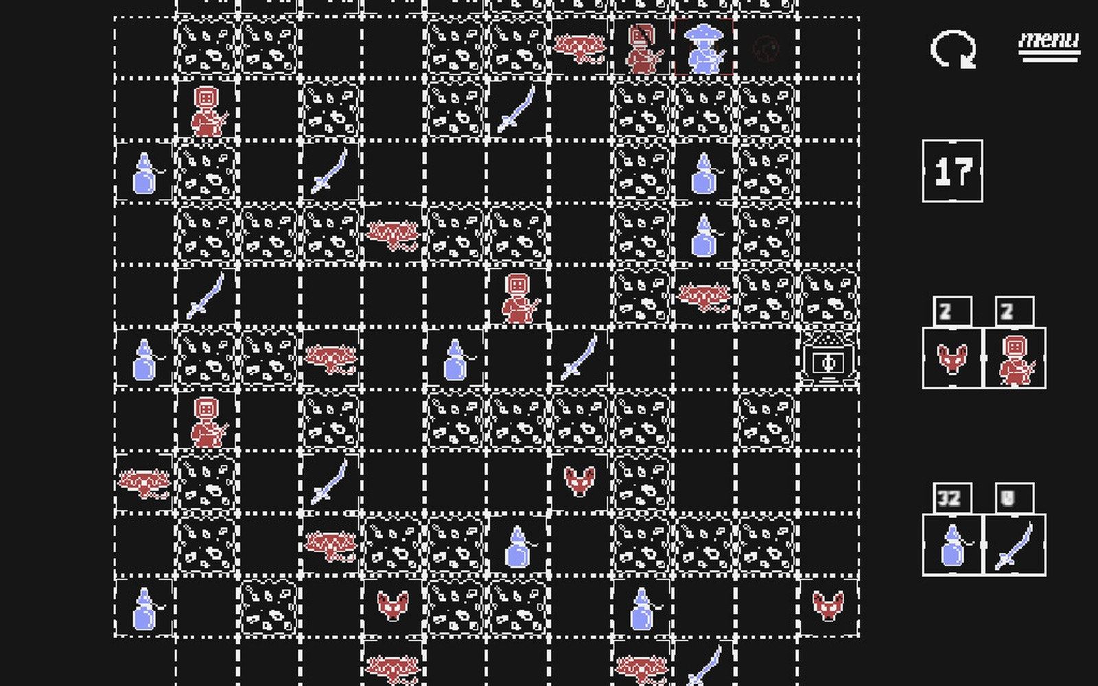 Pixel-art grid game screen with monster, sword, potion and treasure chest icons on a board