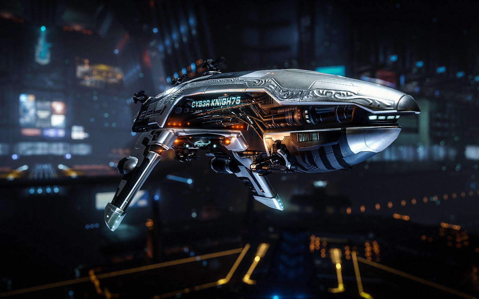 A sleek futuristic spacecraft labeled "Cyber Knights" hovers above a neon-lit city at night