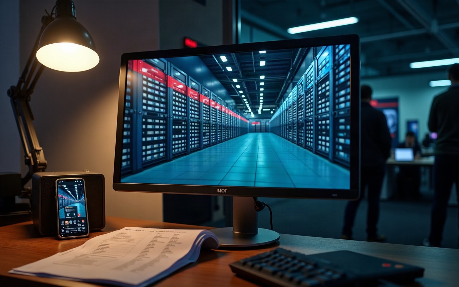 Desk monitor and phone displaying server room imagery beside an open notebook with a lamp