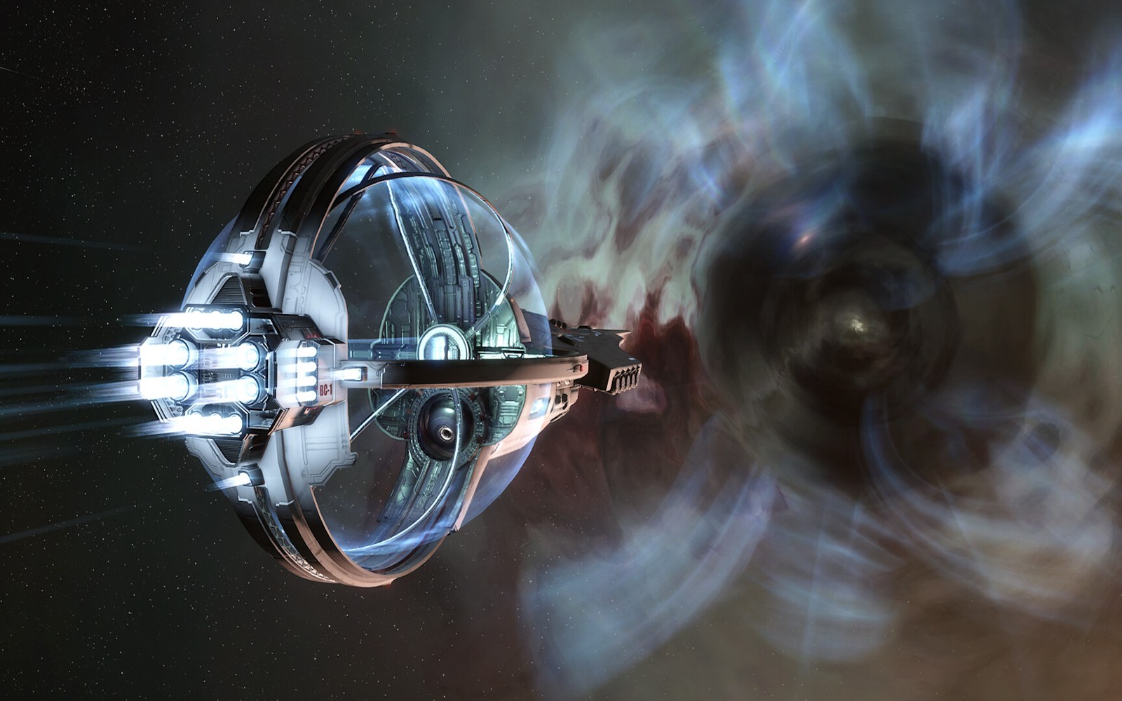 A spherical spaceship with glowing thrusters approaches a swirling wormhole in deep space
