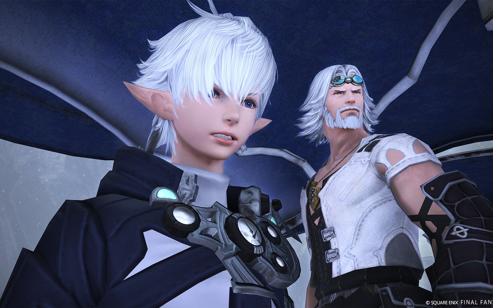 Two white-haired game characters stand together inside a mechanical, vein-like structure