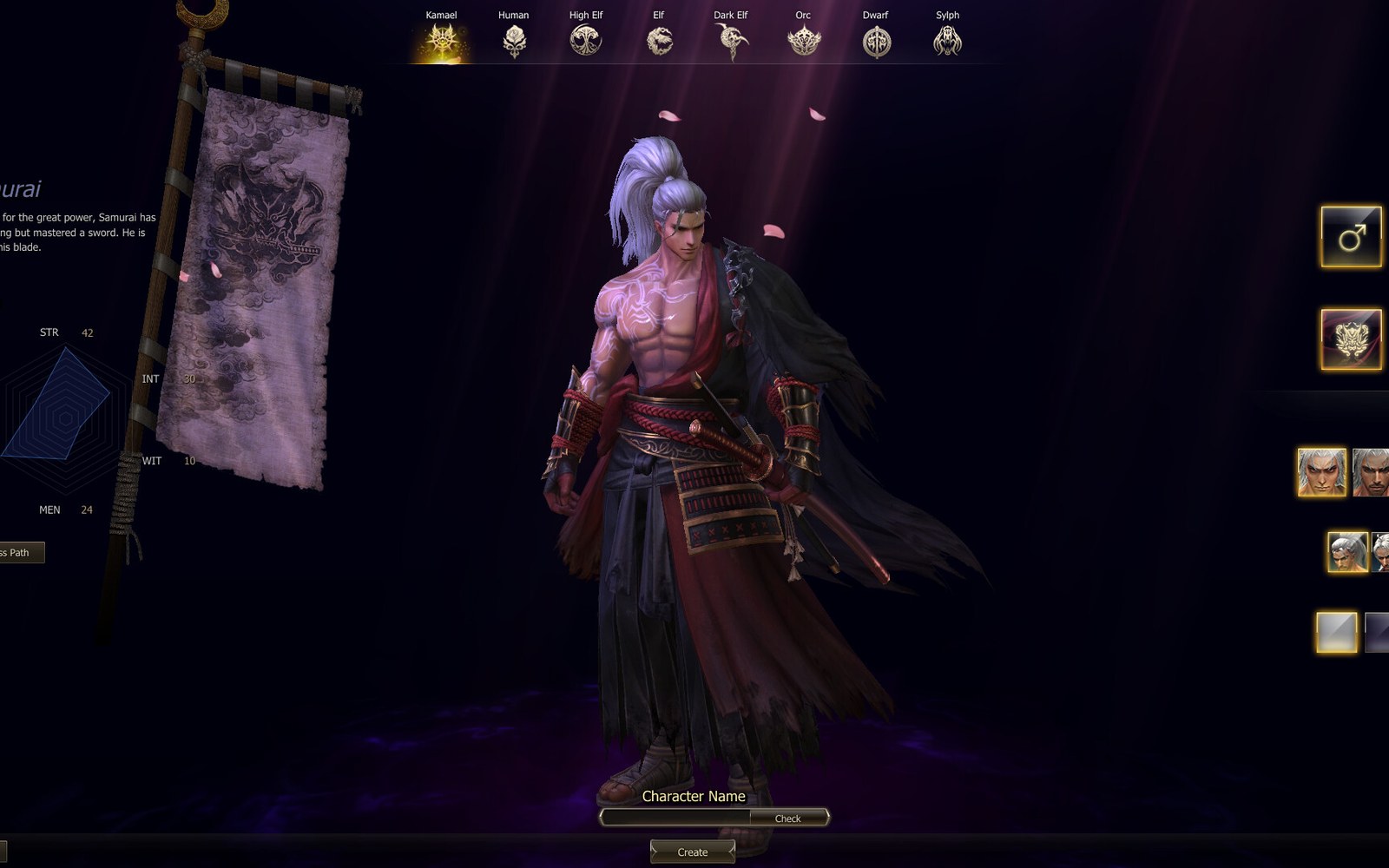 Character creation screen showing a shirtless samurai with silver ponytail and dual swords