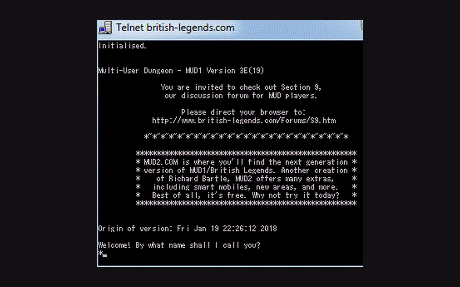 Terminal window showing a telnet connection to the MUD1 British Legends text-based game