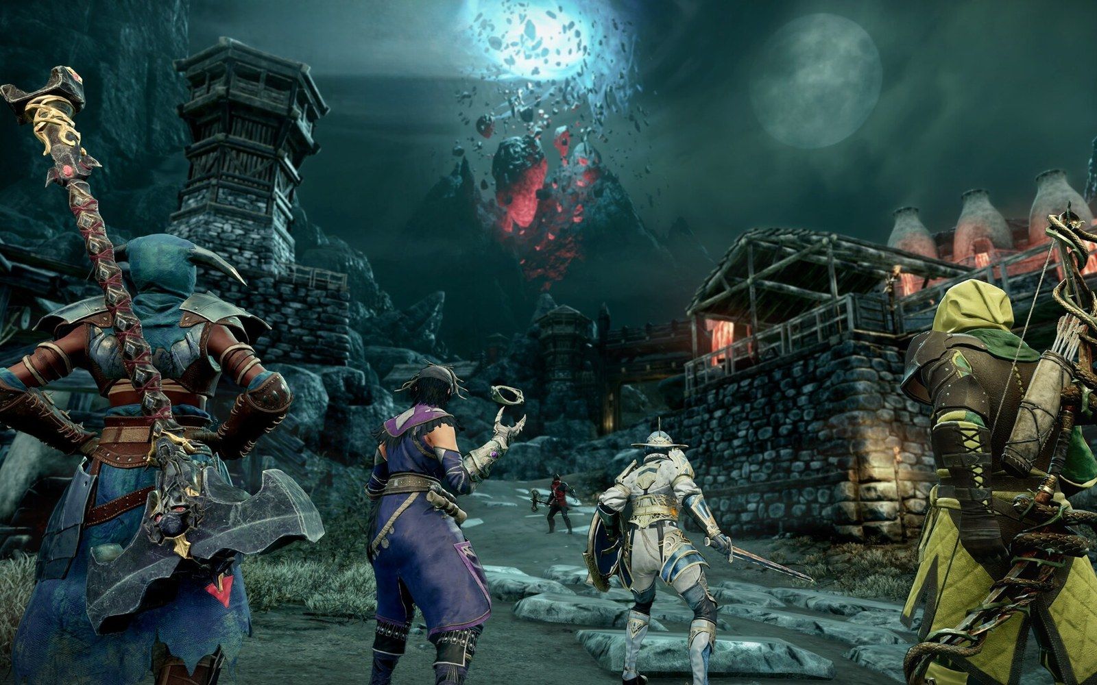 Four armored characters approach a fortified stone village under a shattered floating mountain at night