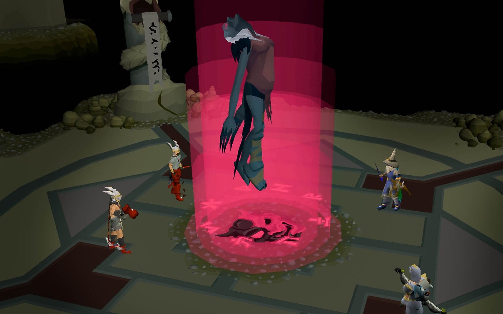 Player characters gather around a suspended monster boss encased in a glowing pink cylinder
