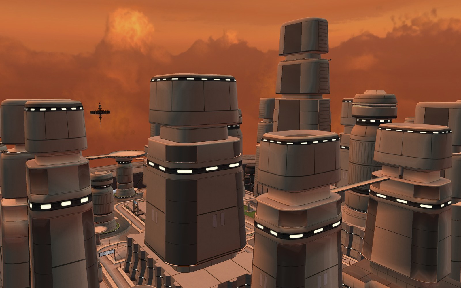 Futuristic tower clusters with glowing accent lights under an orange sky in Star Wars Galaxies