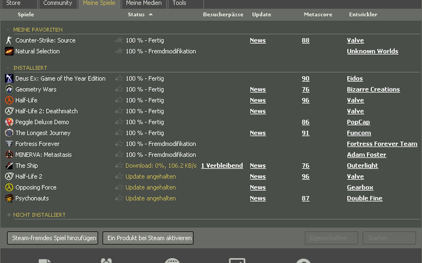 Screenshot of a German-language Steam library listing games with status and metascores