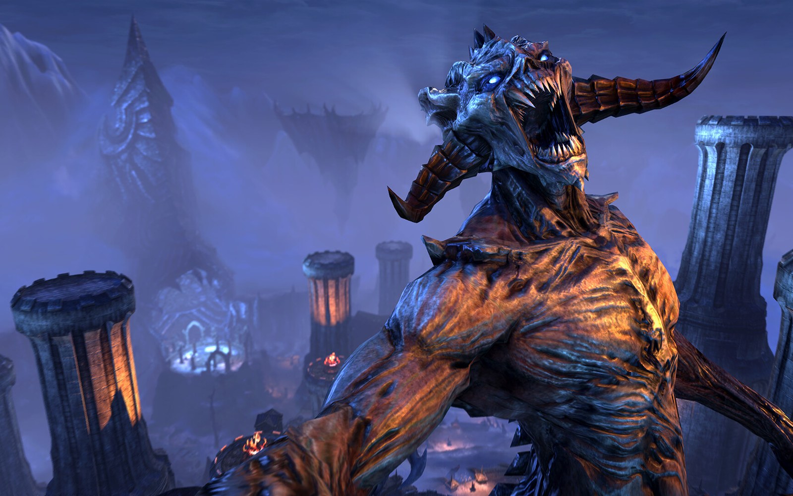 Horned demon creature roars amid glowing towers in a fantasy video game scene