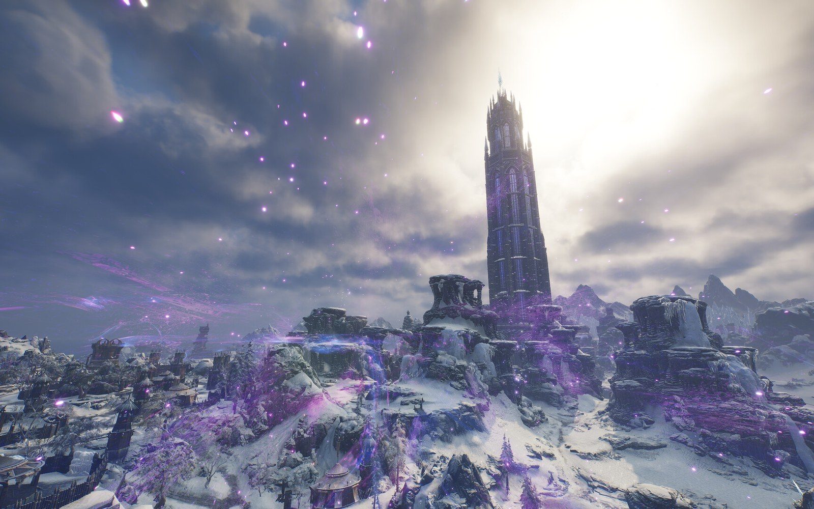 A tall gothic tower rises above a snowy landscape glowing with purple magical particles