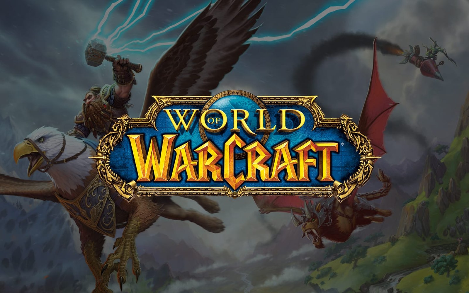 World of Warcraft logo with a griffon rider and dragon clashing in stormy skies